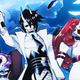 Neon White stands between a woman holding a sniper and a shorter woman in a white rabbit mask.